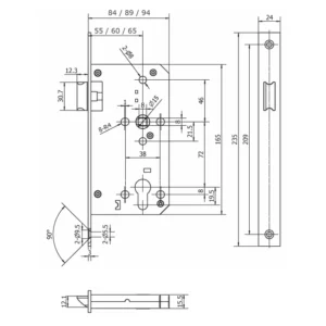 Stainless steel DIN mortise latch with 55mm backset