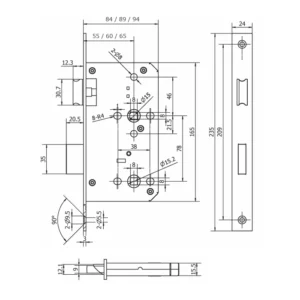 Stainless steel DIN bathroom mortise lock with 65mm backset