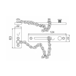Stainless steel door chain restrictor shown in engaged open position with slide bolt and chain link visible