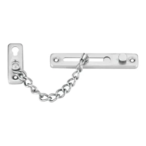 EuroArt satin stainless steel door chain safety catch restrictor mounted on a white door for residential security